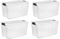Sterilite 70 Qt Clear Plastic Stackable Storage Bin w/White Latching Lid Organizing Solution, 4 Pack