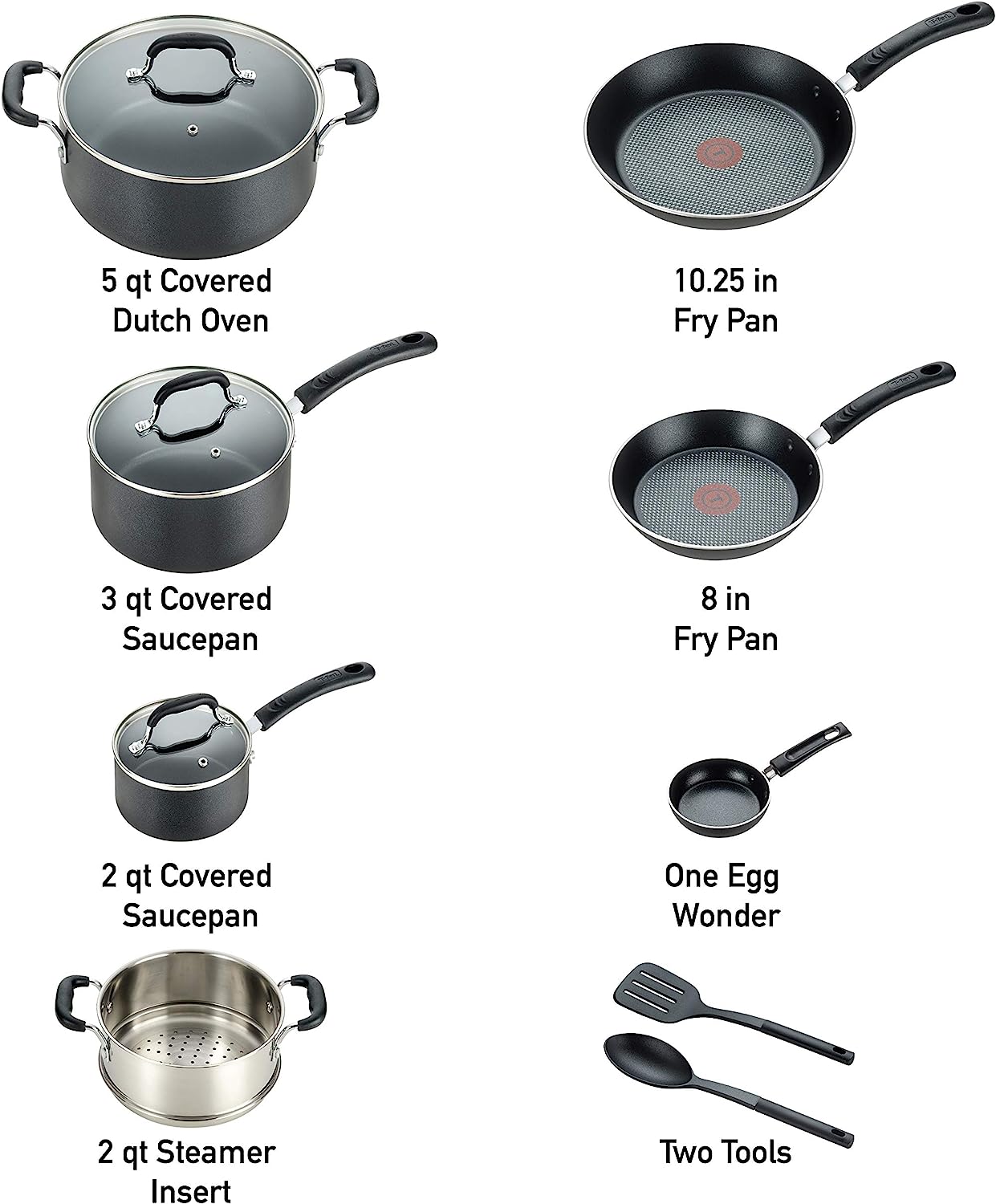 T-Fal Heat Mastery, Nonstick Cookware 8 Piece Set Black Easy Care