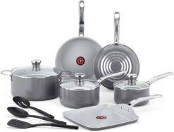 T-fal Fresh Recycled Aluminum Ceramic Nonstick Cookware Set 12 Piece Pots and Pans, Dishwasher Safe Grey