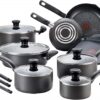 T-fal Initiatives Nonstick Cookware Set 18 Piece Pots and Pans, Dishwasher Safe Black