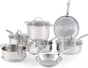 T-fal Stainless Steel Cookware Set 11 Piece Induction, Pots and Pans, Dishwasher Safe