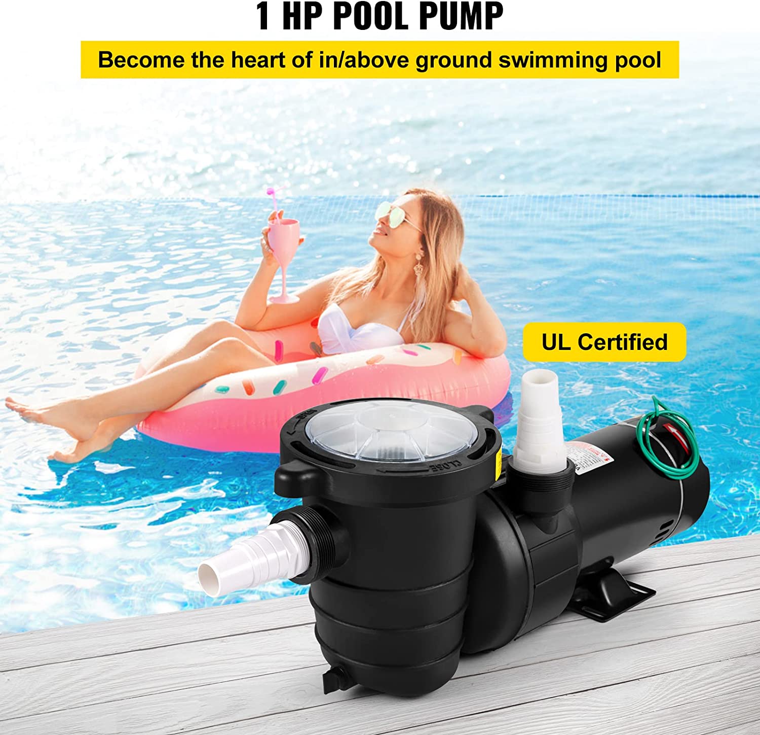 VEVOR Swimming Pool Pump 1HP, Dual Voltage 110V 220V, 5544GPH, Powerful Self-priming Pump for In Above Ground Pool Water Circulation, w Strainer Basket, 2pcs 1-1 2 NPT Connectors, UL Certified1