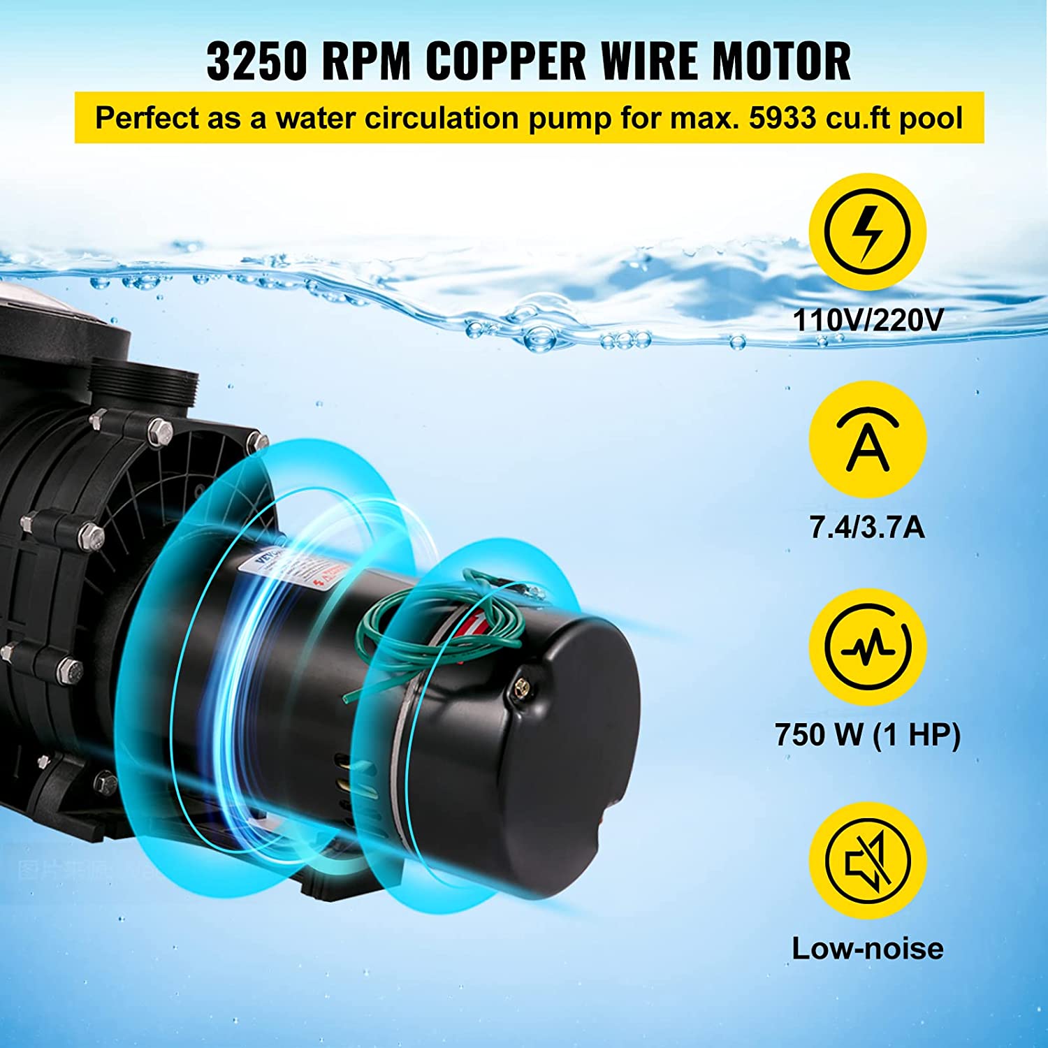 VEVOR Swimming Pool Pump 1HP, Dual Voltage 110V 220V, 5544GPH, Powerful Self-priming Pump for In Above Ground Pool Water Circulation, w Strainer Basket, 2pcs 1-1 2 NPT Connectors, UL Certified2