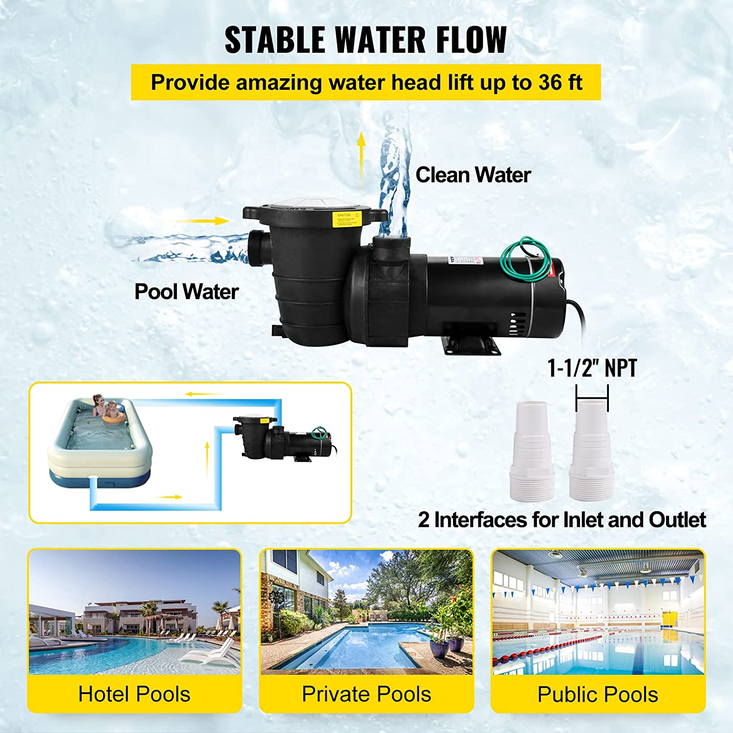 VEVOR Swimming Pool Pump 1HP, Dual Voltage 110V 220V, 5544GPH, Powerful Self-priming Pump for In Above Ground Pool Water Circulation, w Strainer Basket, 2pcs 1-1 2 NPT Connectors, UL Certified6