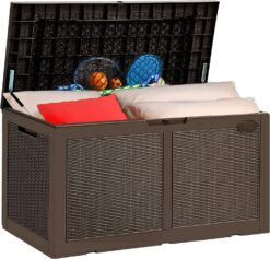 YITAHOME 100 Gallon Large Deck Box w/Storage Net, Resin Outdoor Storage Boxes, Waterproof Patio Cushion Storage Bench for Patio Furniture, Pool Supplies, Garden Tools- Rattan,Lockable (Dark Brown)