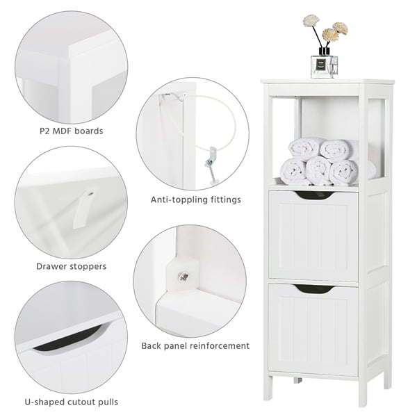 VASAGLE Bathroom Floor Cabinet, Bathroom Storage Organizer Rack Stand,  Multifunctional Corner Unit, 2 Drawers, White UBBC42WT