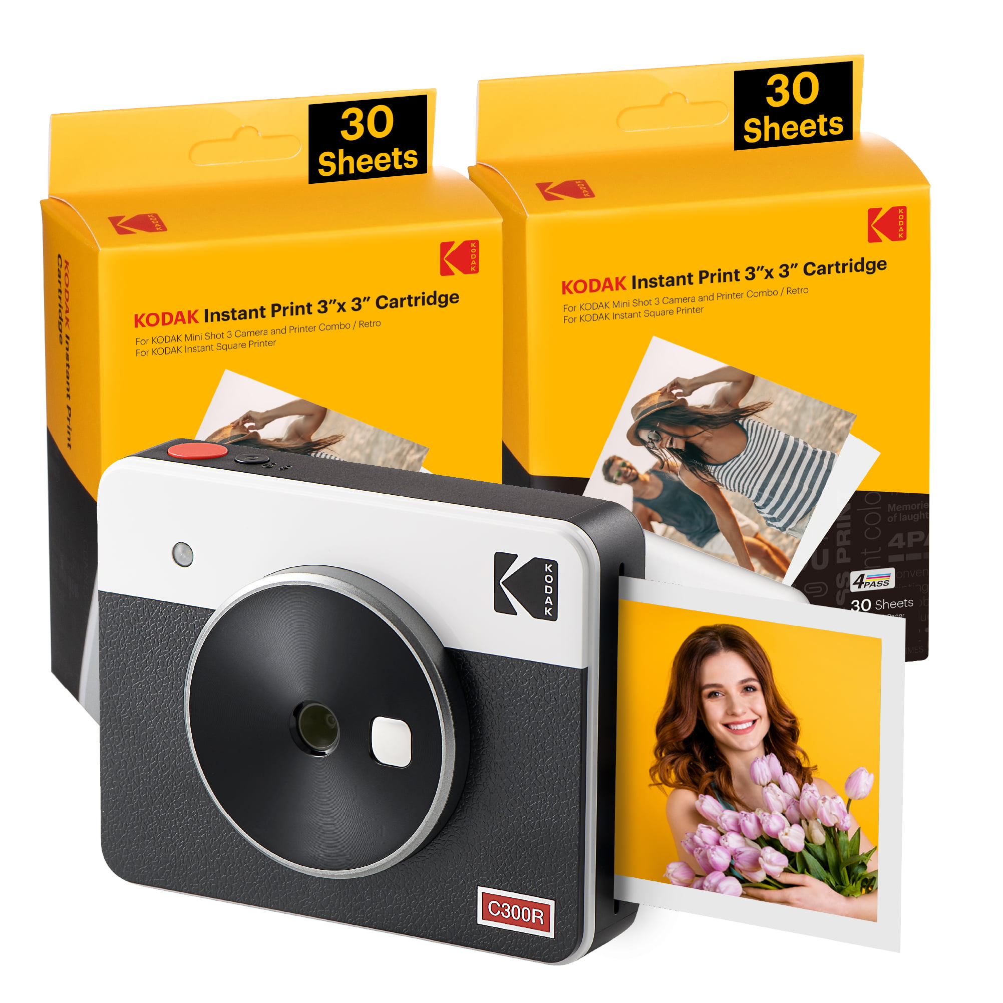 KODAK Mini Shot 3 Retro 4PASS 2-in-1 Instant Camera and Photo Printer (3x3  inches) + 68 Sheets Gift Bundle, Yellow 
