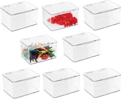 mDesign Plastic Playroom and Gaming Storage Organizer Box Containers with Hinged Lid for Shelves or Cubbies, Holds Small Toys, Building Blocks, Puzzles, Markers, Controllers; 8 Pack - Clear