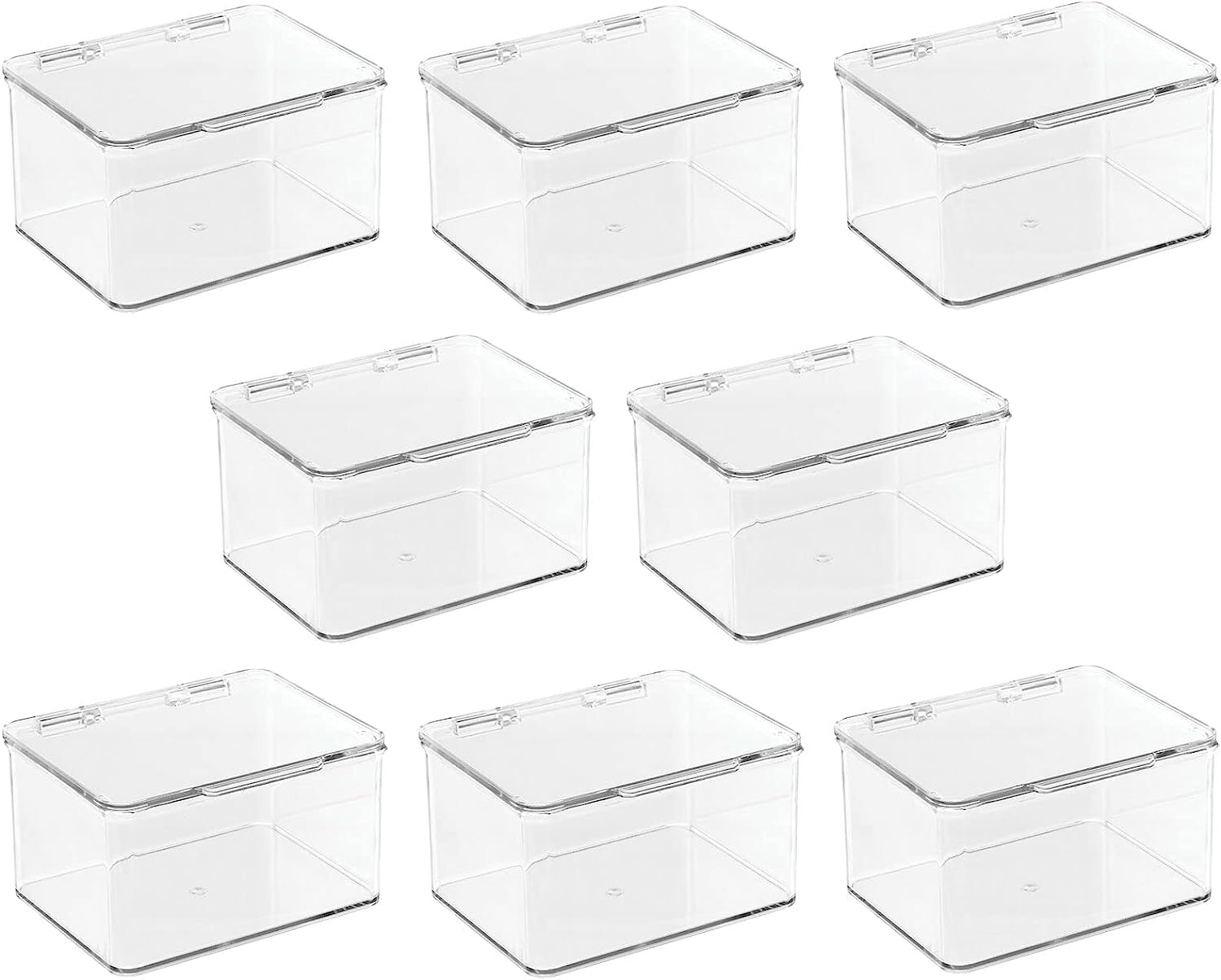 mDesign Plastic Bathroom Stacking Organizer Box with Hinged Lid, 8 Pack, Clear