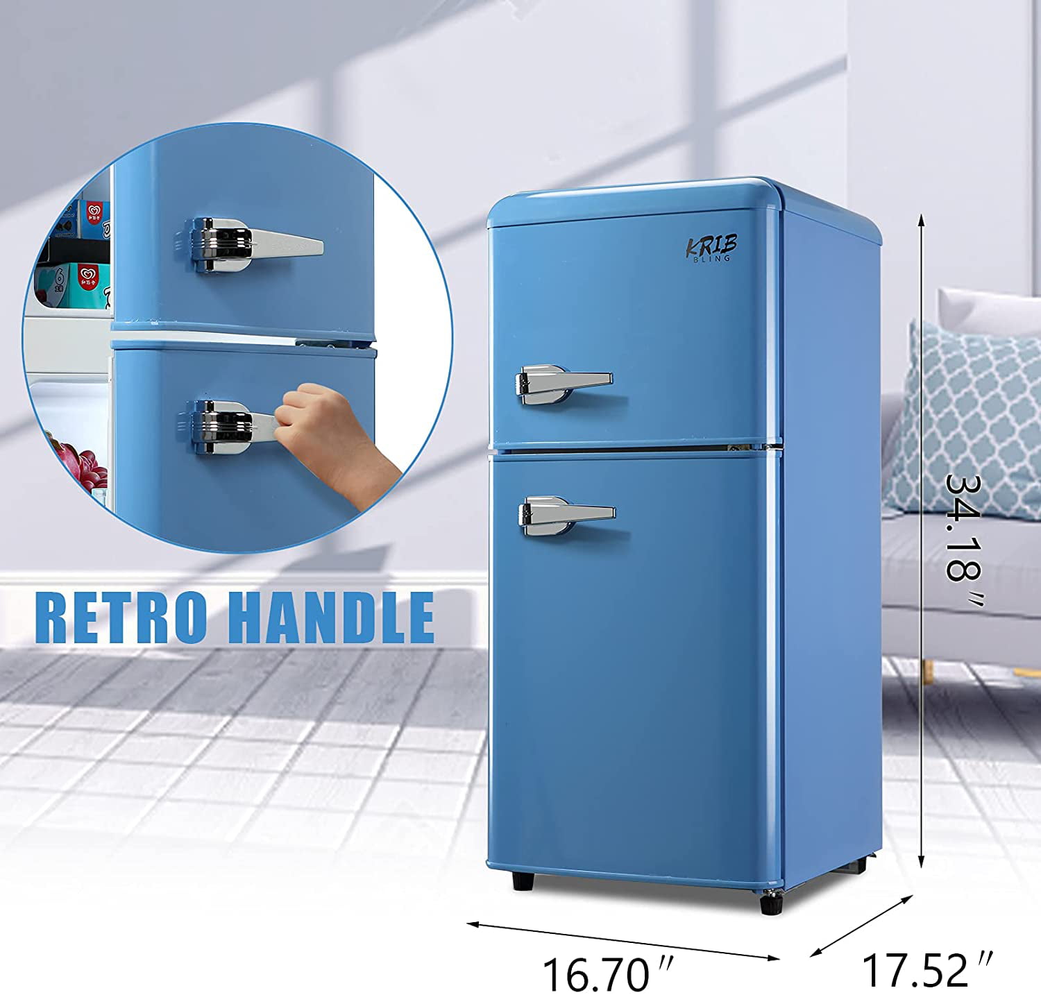 Krib Bling 3.5 cu.ft Compact Refrigerator, Retro Mini Fridge with Freezer,  Small Drink Chiller with 2 Door, Blue
