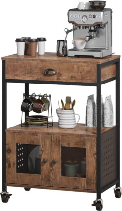 Kitchen Bakers Rack, Industrial Microwave Oven Stand with Shelf, Coffee Bar Cart Kitchen Island on Wheels with Storage, Rustic Brown