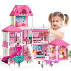 HopeRock 3-Story 8 Rooms Playhouse, with 2 Dolls Toy Figures, Dream House Doll House 7-8 for Girls, for Girl Boy Toys Age 3+