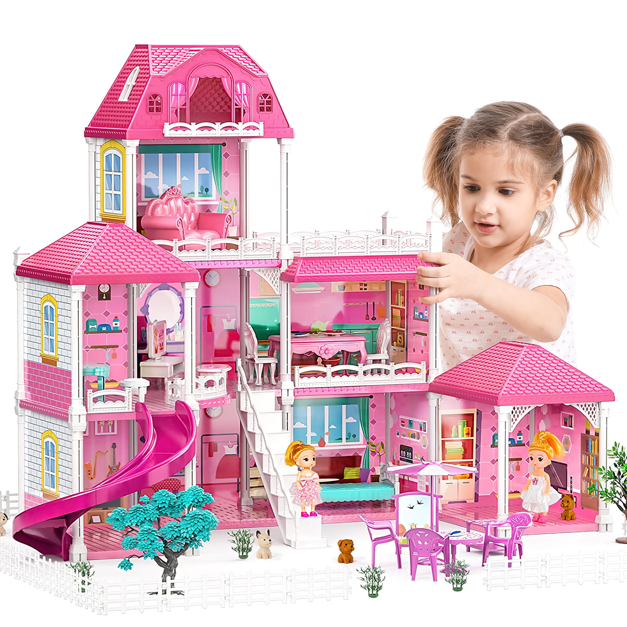 DIY Dollhouse Playset Girl Toys, 7 Rooms with 3 Doll Toy Figures Toddler Playhouse Christmas Birthday Gifts for 3 4 5 6 7 Year Old Girls Doll House