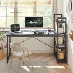 Bestier 63 inch Computer Desk with Storage Shelves, Modern Bookshelf Desk with Headphone Hook Black