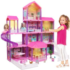 Beefunni 36 inch Dollhouse with Slide,Dolls and 11 Rooms,Creative Dollhouse Toys Gift for 3 to 8 Year Old Girls
