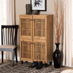 Baxton Studio Fernanda Modern and Contemporary Oak Brown Finished Wood 4-Door Shoe Storage Cabinet