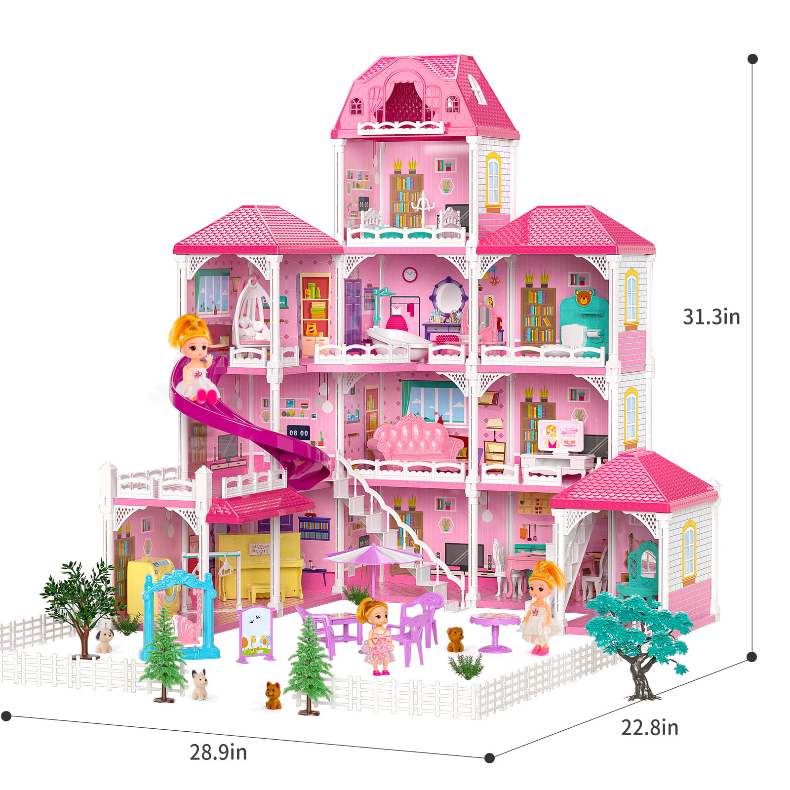 Doll House Set with 11 Rooms and Furniture Accessories, Pink Play Dream  House for Girls, DIY Building Pretend Play Doll House Gift Toy for Kids.