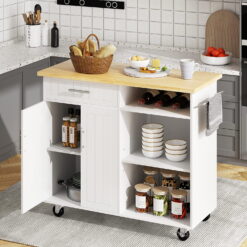 Walsunny Kitchen Island Cart with Storage,Rolling Kitchen Island Side Table on Wheels with Large Worktop,Storage Cabinet,Towel Rack and Drawers（White）