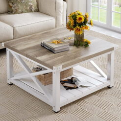 DEXTRUS Farmhouse Coffee Table for Living Room, Square Wood Coffee Table with Open Storage Shelf