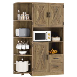 Homfa Pantry Storage Cabinet with Adjustable Shelves, Freestanding Tall Wooden Buffet Sideboard for Kitchen and Dining Room, Rustic Brown