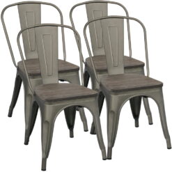 Alden Design Metal Stackable Dining Chairs with Wooden Seat, Set of 4, Gunmetal Gray