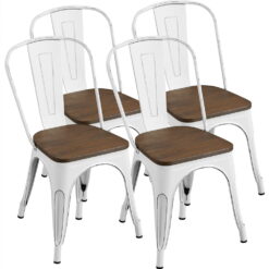 Alden Design Metal Stackable Dining Chairs with Wooden Seat, Set of 4, White
