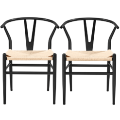 Alden Design Mid-Century Metal Dining Chairs with Woven Hemp Seat, Set of 2, Black