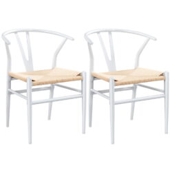Alden Design Mid-Century Metal Dining Chairs with Woven Hemp Seat, Set of 2, White