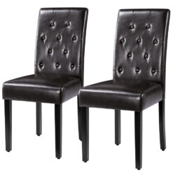 Alden Design Parson Faux Leather Dining Chair with Solid Wood Legs, Set of 2, Espresso