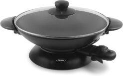 Aroma Housewares AEW-306 Electric Wok with Tempered Glass Lid Easy Clean Nonstick, Cooking Chopsticks, Tempura and Steaming Racks, Professional Model, Black