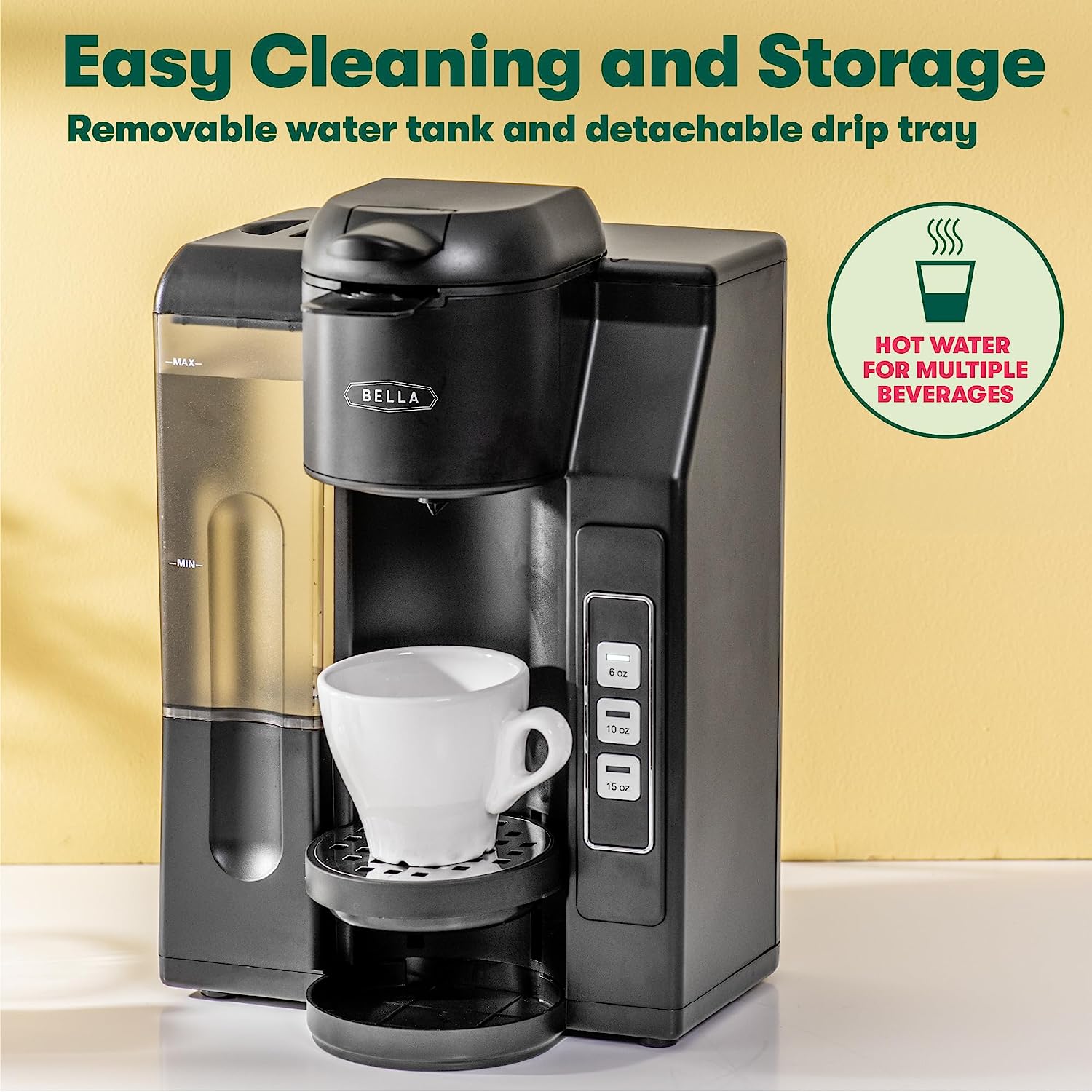 BELLA Single Serve Coffee Maker, Dual Brew, K-cup Compatible - Ground Coffee  Brewer with Removable Water Tank & Adjustable Drip Tray, Perfect for Travel