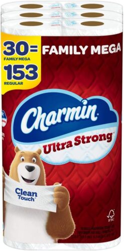 Charmin Ultra Strong Clean Touch Toilet Paper, 30 Family Mega Rolls = 153 Regular Rolls