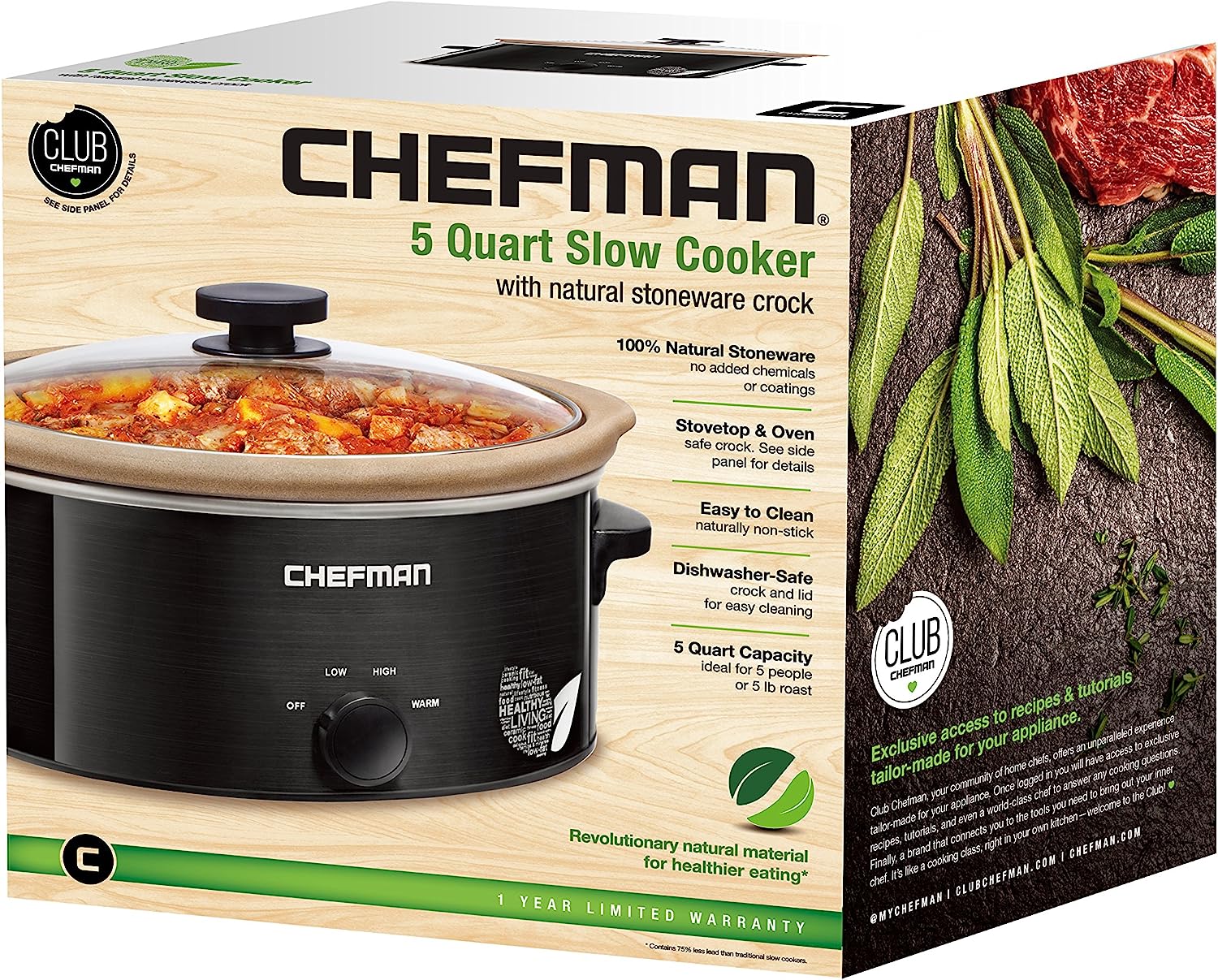 Chefman 5 Qt. Slow Cooker, All-Natural, Glaze & Chemical-Free Pot ,  Stovetop or Oven Cooking, Dishwasher Safe Crock; Naturally Nonstick &  Paleo-Friendly, Low-Lead Stoneware, Bonus Recipes Included