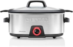 Chefman 6-Quart Slow Cooker, Electric Countertop Cooking, Stovetop & Oven-Safe Removable Insert for Browning & Sautéing, Family-Size Soups & Stews, Nonstick & Dishwasher-Safe Interior,Stainless Steel