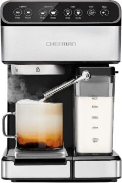 Chefman 6-in-1 Espresso Machine with Built-In Milk Frother, 15-BAR Pump, Digital Display, One-Touch Single or Double Shot Espresso for Cappuccinos and Lattes, XL 1.8-L Water Reservoir, Stainless Steel