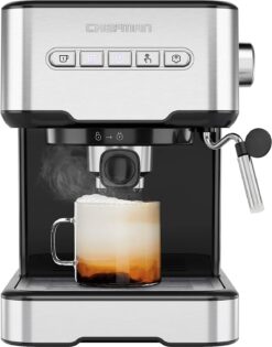 Chefman 6-in-1 Espresso Machine with Steamer, One-Touch Single or Double Shot Espresso Maker, Coffee Maker, Cappuccino Machine, Latte Maker, Built-In Milk Frother Coffee Machine, Stainless Steel