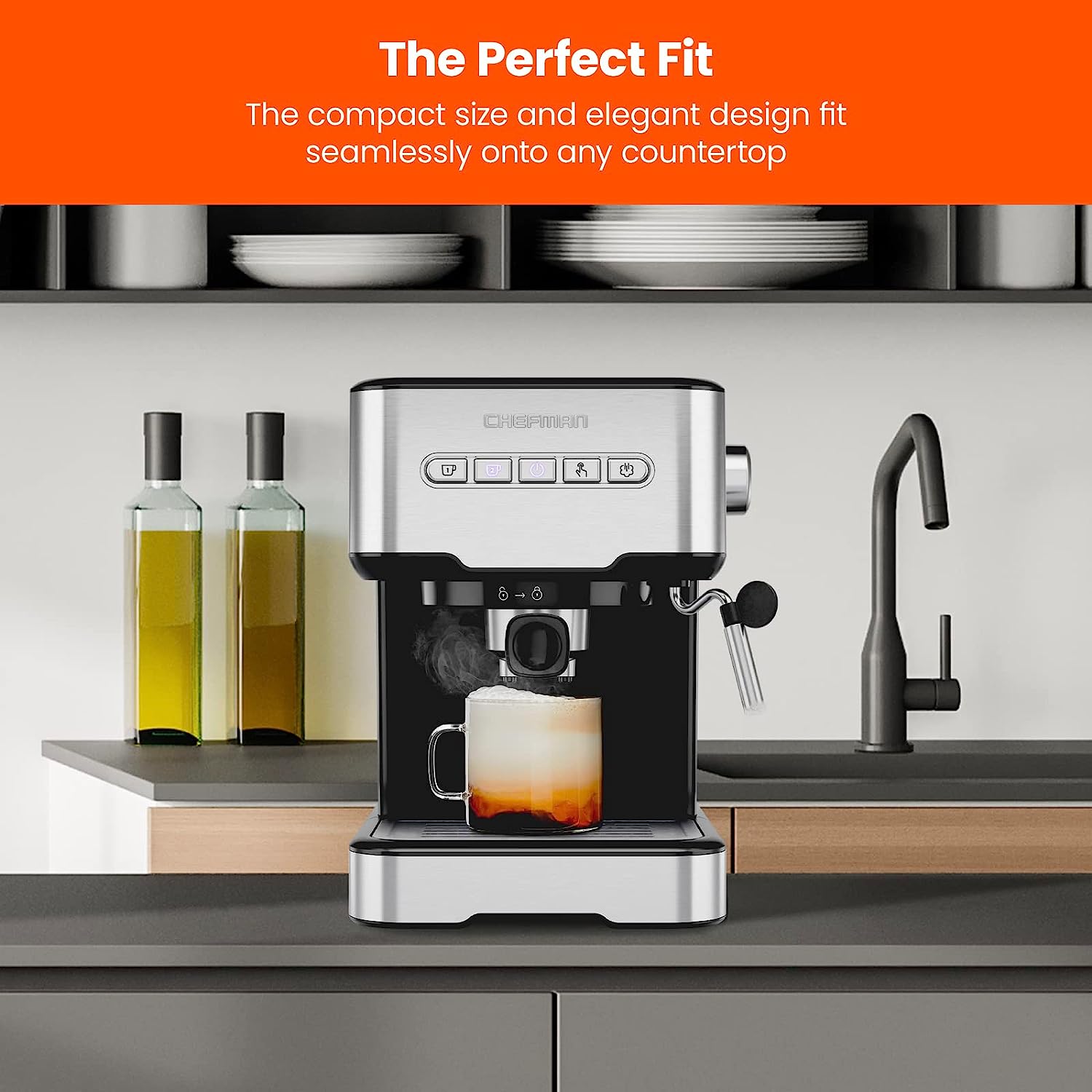 Chefman 6-in-1 Espresso Machine with Built-In Milk Frother, 15-BAR Pump,  Digital Display, One-Touch Single or Double Shot for Cappuccinos and  Lattes