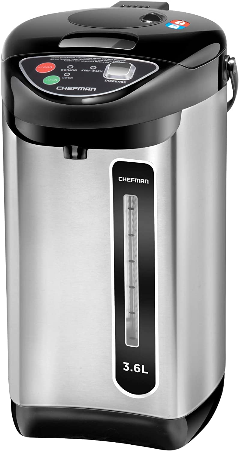 Chefman Electric Hot Water Pot Urn w/ Auto & Manual Dispense Buttons,  Safety Lock, Instant Heating for Coffee & Tea, Auto-Shutoff/Boil Dry  Protection, Insulated Stainless Steel, 5.3L/5.6 Qt/30+ Cups