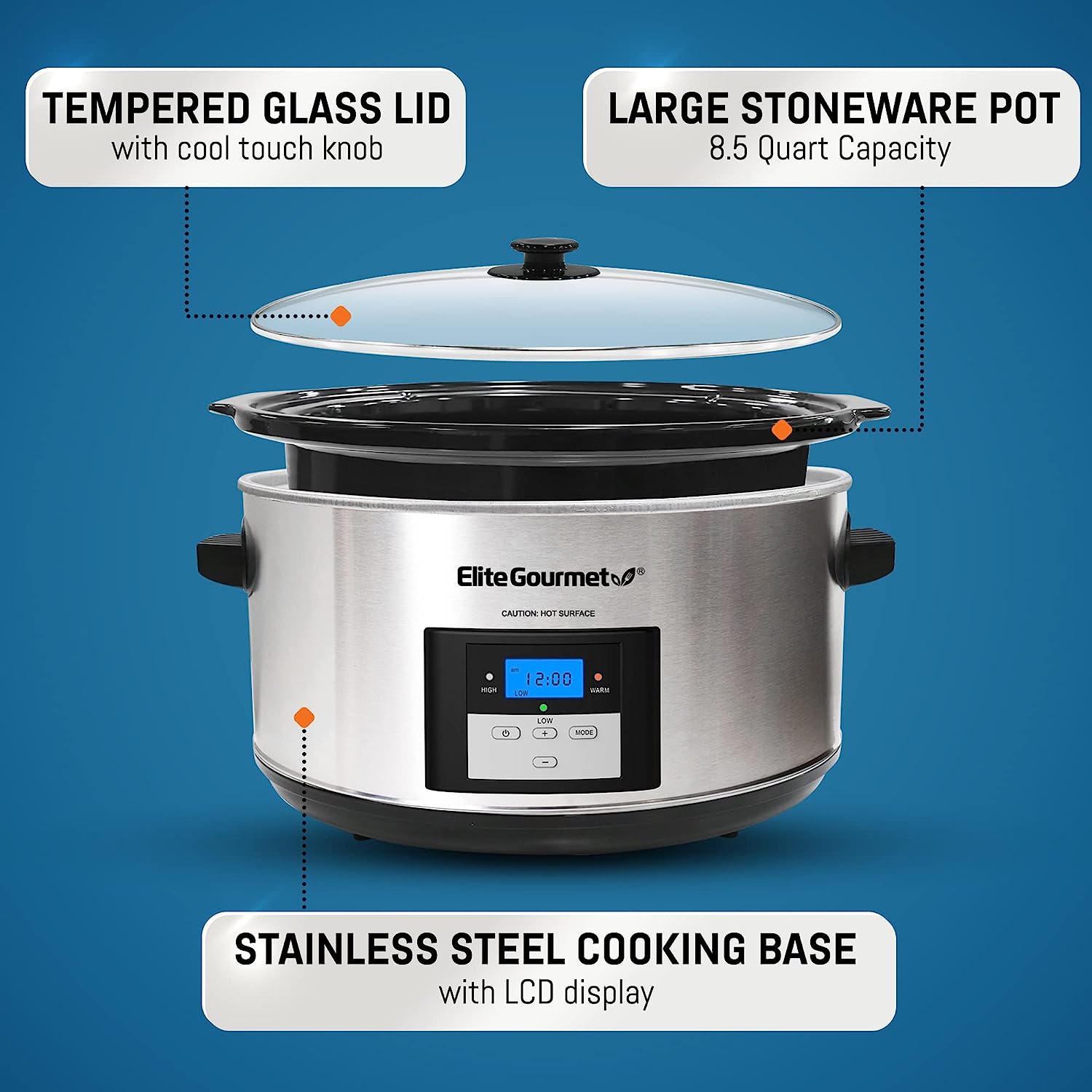  Elite Gourmet Stainless Steel Slow Cooker, Dishwasher-Safe with  Tempered Glass Lid, Cool-Touch Handles, Removable Stoneware Pot, 8.5 Quart,MST-900V:  Crock Pot: Home & Kitchen