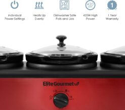 Elite Gourmet EWMST-325R 2.5-Quart Triple Slow Cooker Buffet with Lid Rest,  Red