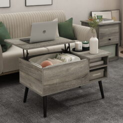 Furinno Jensen Lift Top Coffee Table With Wooden Leg, French Oak Grey