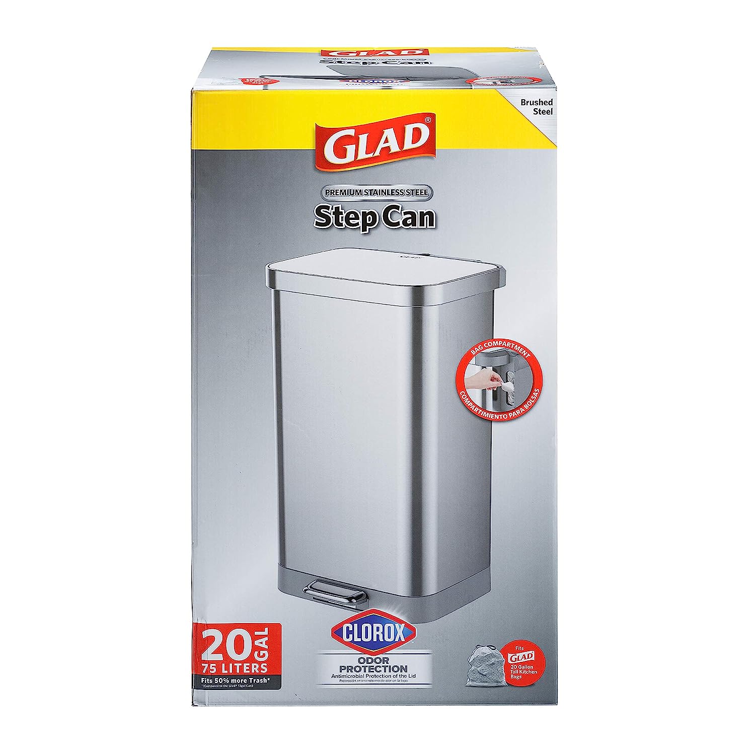 GLD-74506 Stainless Steel Step Trash Can with Clorox Odor Protection  Large  Metal Kitchen Garbage Bin with Soft Close Lid, Foot Pedal and Waste Bag  Roll Holder, 13 Gallon 