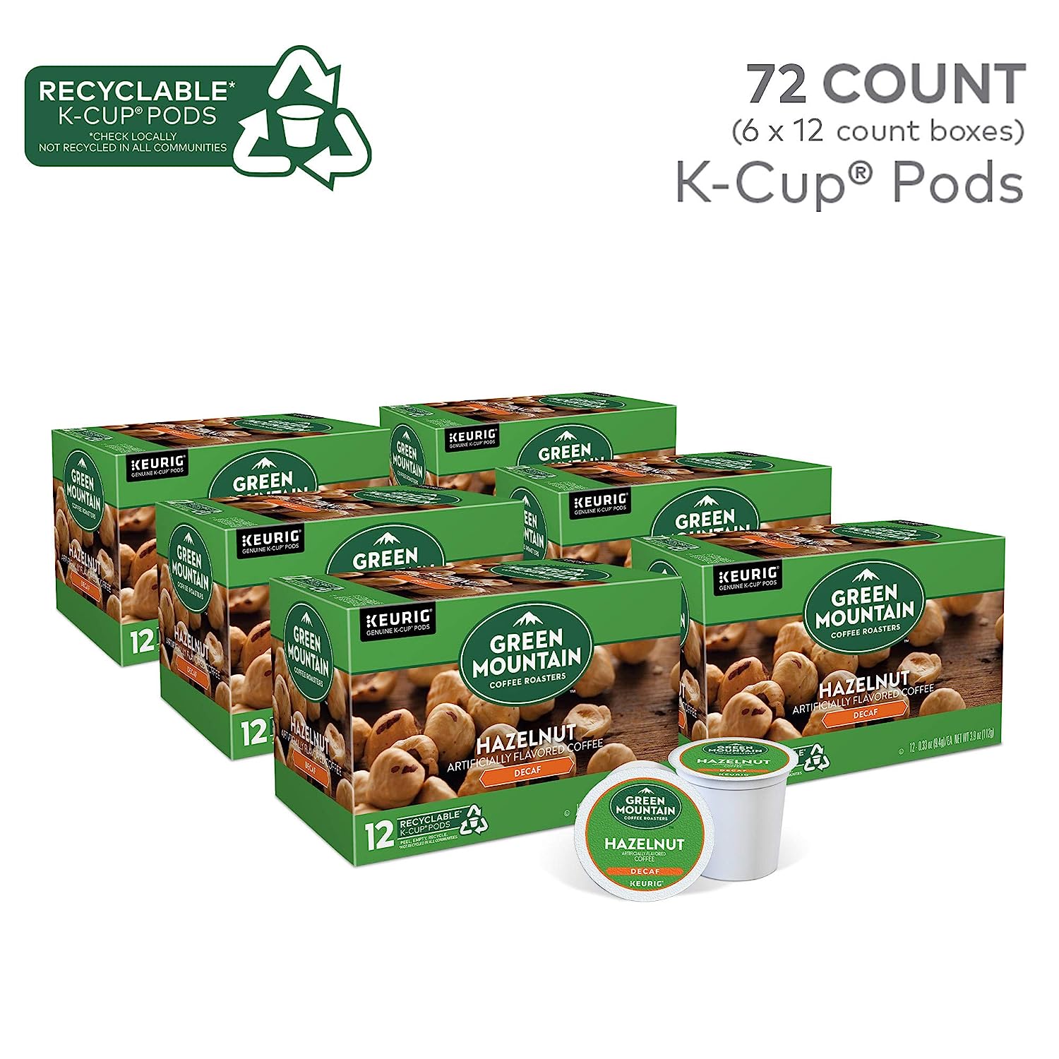 Green Mountain Coffee Roasters Hazelnut, Single Serve Coffee K-Cup Pod,  Decaf, 12 Count (Pack of 6) (Packaging May Vary), 72 Count