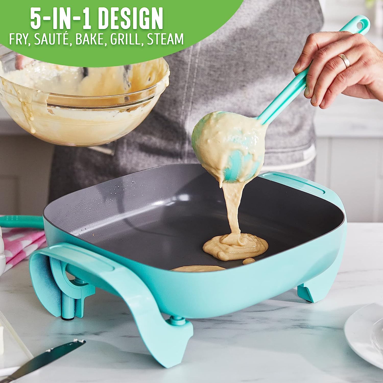 GreenLife Healthy Ceramic Nonstick, 12 5QT Square Electric Skillet with  Glass Lid, Dishwasher Safe, Adjustable Temperature Control, PFAS-Free,  Turquoise