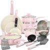 GreenLife Soft Grip Healthy Ceramic Nonstick 16 Piece Kitchen Cookware Pots and Frying Sauce Pans Set, PFAS-Free, Dishwasher Safe, Soft Pink