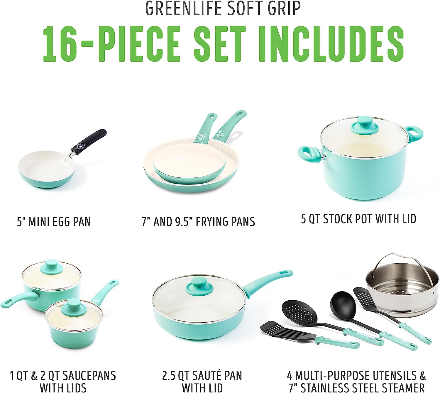 GreenLife Soft Grip Healthy Ceramic Nonstick 16 Piece Kitchen