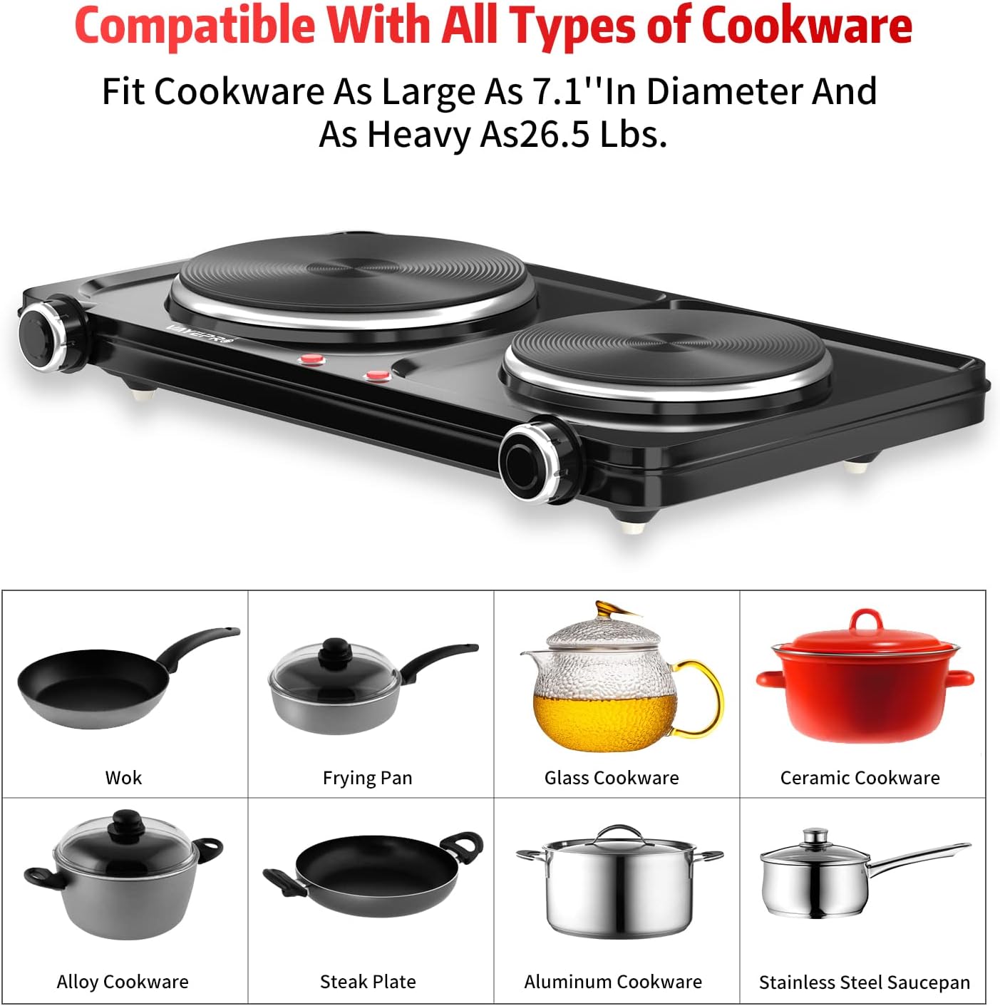 1800W Electric Hot Plate, Countertop Stove Double Burner for