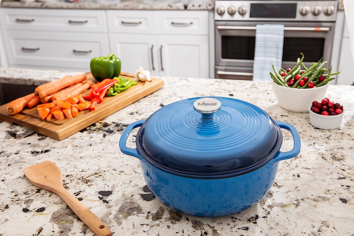 Lodge 6 Quart Enameled Cast Iron Dutch Oven with Lid – Dual Handles – Oven  Safe up to 500° F or on Stovetop - Use to Marinate, Cook, Bake, Refrigerate  and Serve – Blue