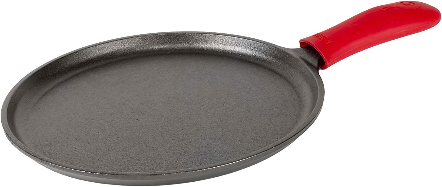 Lodge Cast Iron Round Griddle with Red Silicone Hot Handle Holder,  10.5-inch