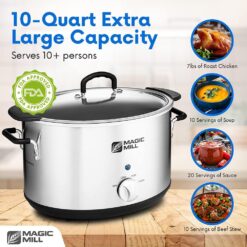 Magic Mill Extra Large 10 Quart Slow Cooker With Metal Searing Pot & Transparent Tempered Glass Lid Multipurpose Lightweight Slow Cookers, Pot is Safe to Put the On the Flame, Dishwasher Safe